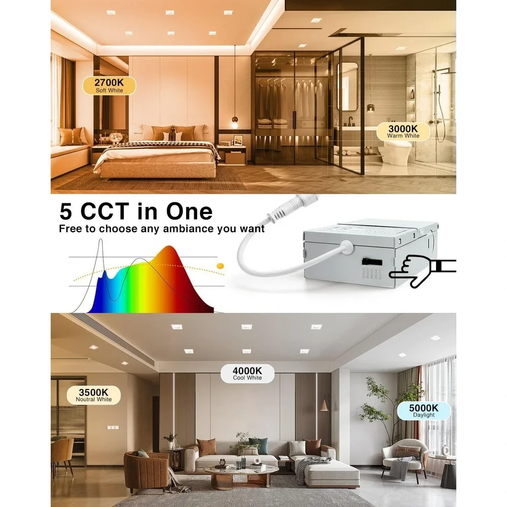 Adetu 4 Inch LED Recessed Downlight 12W 1080LM Dimmable 5CCT White Square 6 Pack
